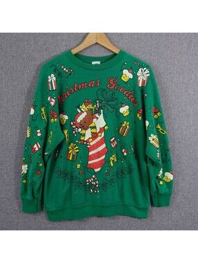 Vintage Christmas Sweater Holiday Time Green Sweatshirt Stocking Goodies Size M